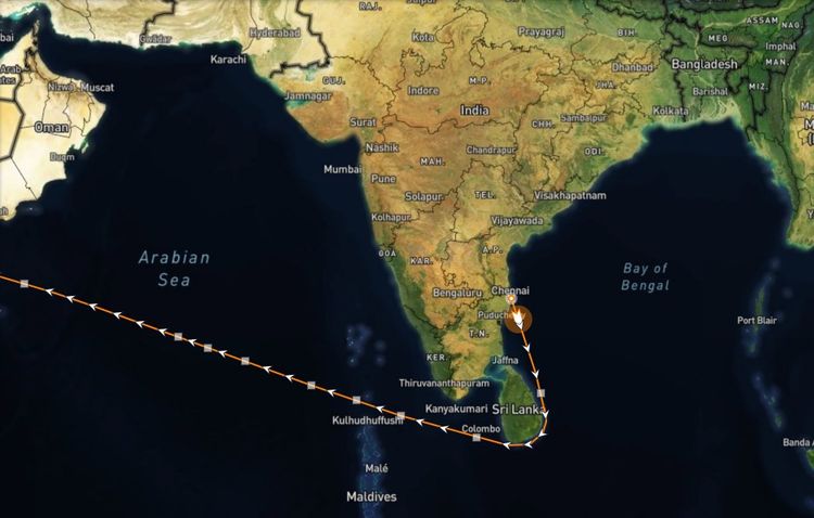 Chennai to Rotterdam sea route, a major trade route between India and Europe. Map made on Marine Traffic